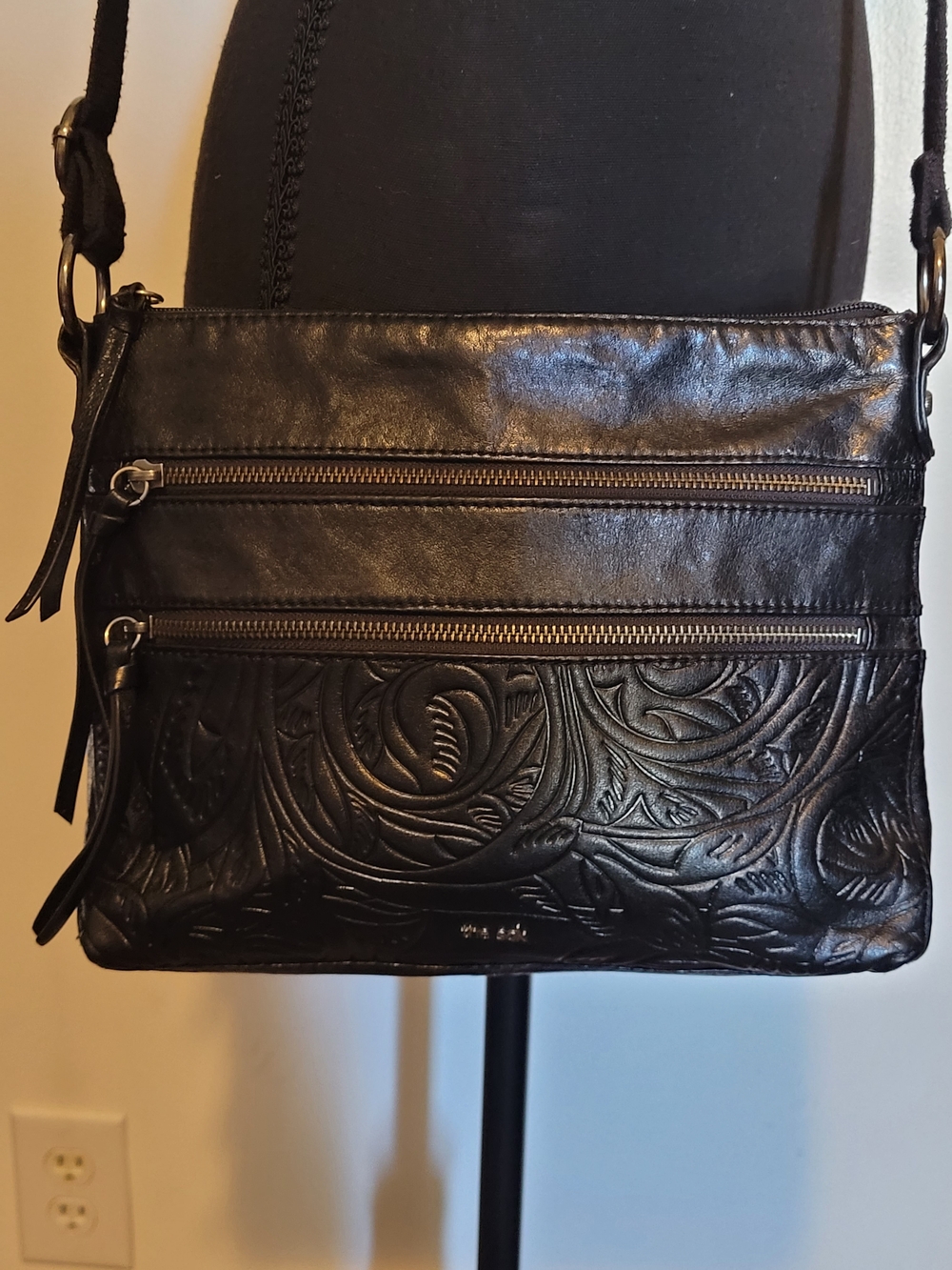 The Sak Black Embossed Leather Crossbody/Shoulder with Dual Zip Front Pockets